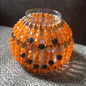 Orange Beaded Pumpkin Glass Candle Holder